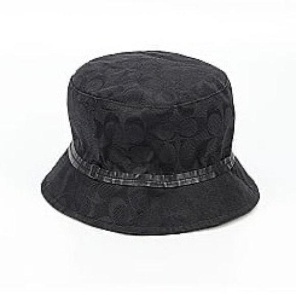 Vintage Coach Black CC Logo Jacquard Designer Bucket Hat W/Faux Leather Trim Y2K - Picture 1 of 10